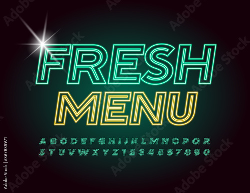 Vector healthy sign Fresh Menu. Green Electric Font. Neon creative Alphabet Letters and Numbers