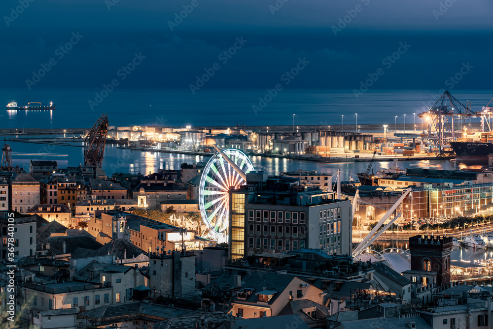 Aerial twilight view of the Port of Genoa, Italy
