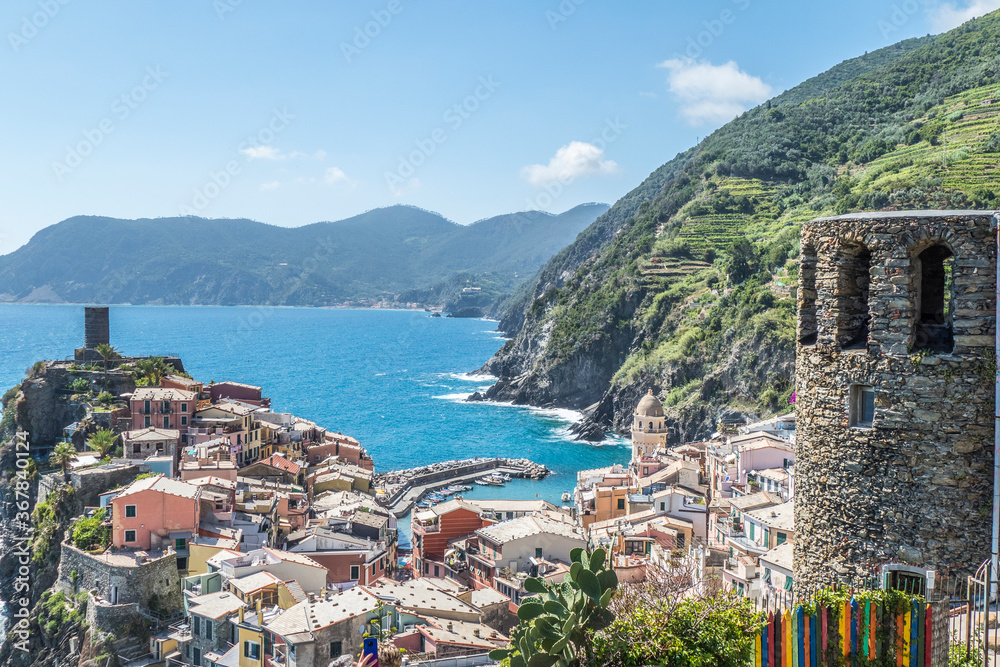 aerial view of Vernazza in the Cinque Terre with colorful houses and flowers