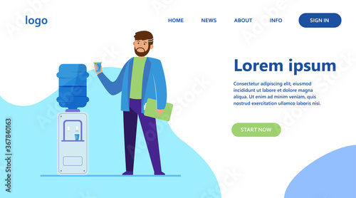 Man drinking water at cooler. Office employee, worker, work break flat vector illustration. Beverage, refreshment, watercooler concept for banner, website design or landing web page