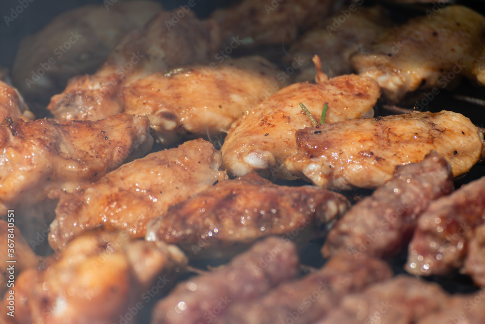 Closeup of Balkan food named cevapcici and
chicken roasted on 
barbecue. 