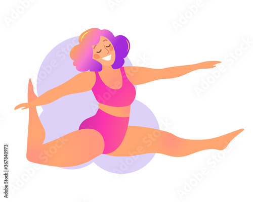 Plus size curvy lady doing yoga class. Vector illustration isolated on white. Online home workout concept. Bodypositive. Attractive overweight woman. Split, Monkey Pose or Hanumanasana