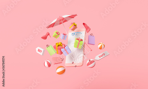 Online Mobile Shopping concept. gift, beach ball, umbrella, shoe, sunglasses and shopping cart, online store background for advertising, banner, brochure and web template. 3D rendering