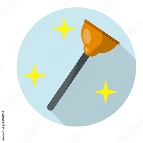 Plunger in blue circle. Drain cleaner. Plumber's tool. Yellow stars shining. red object. Cartoon flat illustration.