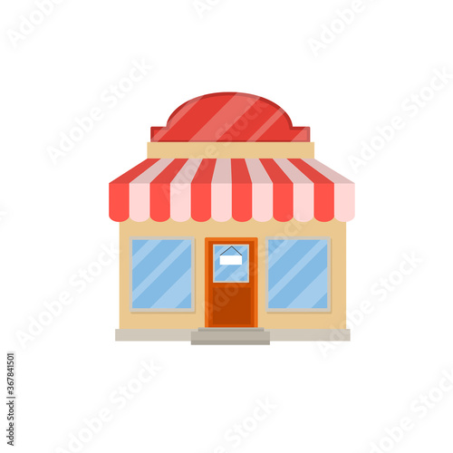 Small shop. Store with red and white roof. Food trade and coffee shop. Facade of the house with showcase. Cartoon flat illustration. Town and city. Element of urban landscape