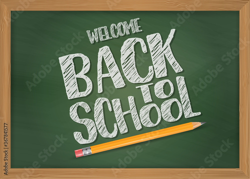 Back to school. Green chalkboard with wooden frame , lettering, and pencil. 3d realistic vector illustration.