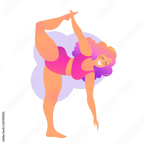 Plus size curvy lady doing yoga class. Vector illustration isolated on white. Online home workout concept. Bodypositive. Attractive overweight woman. Natarajasana or Lord of the Dance Pose