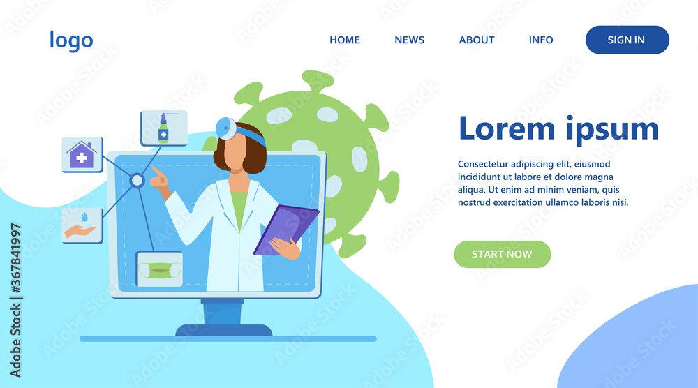 Physician giving recommendation for quarantine. Coronavirus, pandemic, mask flat vector illustration. Medicine and healthcare concept for banner, website design or landing web page Physician giving recommendation for quarantine. Coronavirus, pandemic, mask flat vector illustration. Medicine and healthcare concept for banner, website design or landing web page