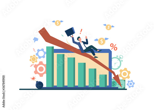 Person having going through financial troubles, money loss and crisis. Business man falling down with recession chart. Vector illustration for bankruptcy, economy failure concepts