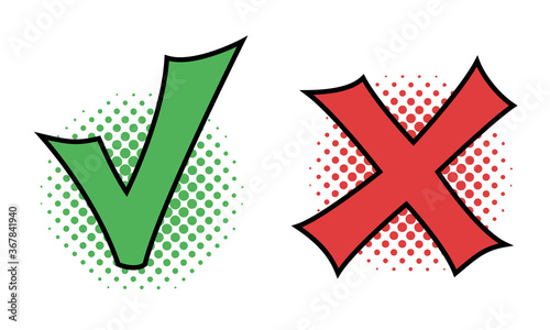 Do and Don't icons, vector elements in comic book style. Check mark and cross, used to indicate rules of conduct or response versions.