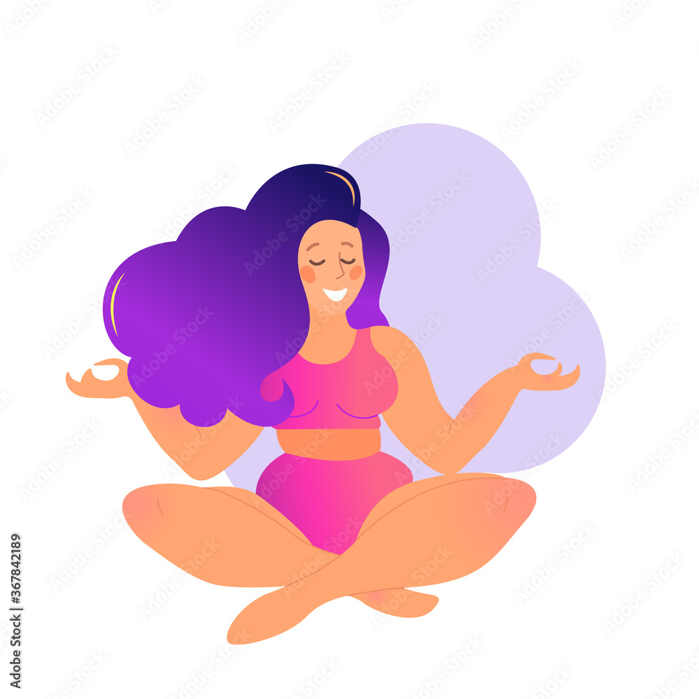 Plus size curvy lady doing yoga class. Vector illustration isolated on white. Online home workout. Bodypositive. Attractive overweight woman. Sukhasana or easy pose, simple cross-legged sitting asana Plus size curvy lady doing yoga class. Vector illustration isolated on white. Online home workout. Bodypositive. Attractive overweight woman. Sukhasana or easy pose, simple cross-legged sitting asana