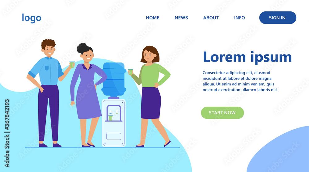 Positive people drinking water at cooler. Office colleagues, chatting, break flat vector illustration. Beverage, refreshment, watercooler concept for banner, website design or landing web page