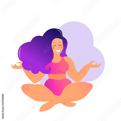 Plus size curvy lady doing yoga class. Vector illustration isolated on white. Online home workout. Bodypositive. Attractive overweight woman. Sukhasana or easy pose, simple cross-legged sitting asana