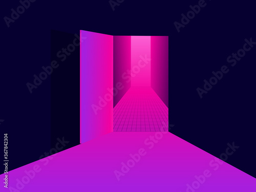 Entering virtual reality. Light from an open door, pink purple gradient. Open door to 80s retro sci-fi virtual reality. Synthwave and retrowave style. Vector illustration