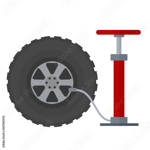Deflated automobile tire. Accident and repair. Punctured wheel of a car. Red pump to increase air pressure. Tire service station. Cartoon flat illustration