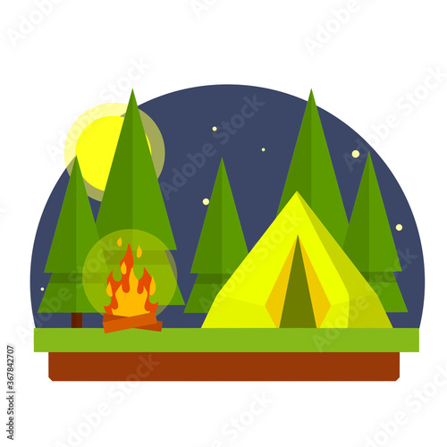 Yellow tent in the woods. Trip to nature. Outdoor activity. Camp and hike. Trees and night with moon. campfire and rest in forest.