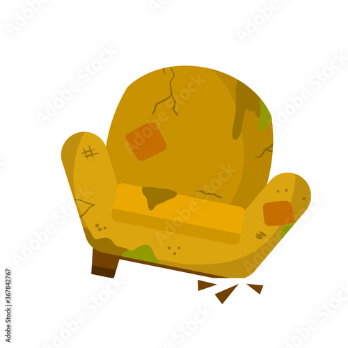 Broken chair. Old armchair. Cartoon flat illustration. Torn fabric and patches on the furniture.