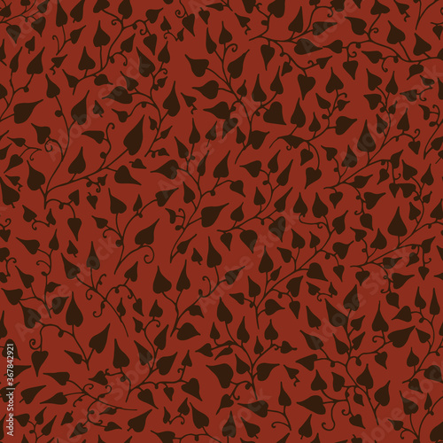 Sweet potato Vines, dark brown on dark red seamless vector pattern