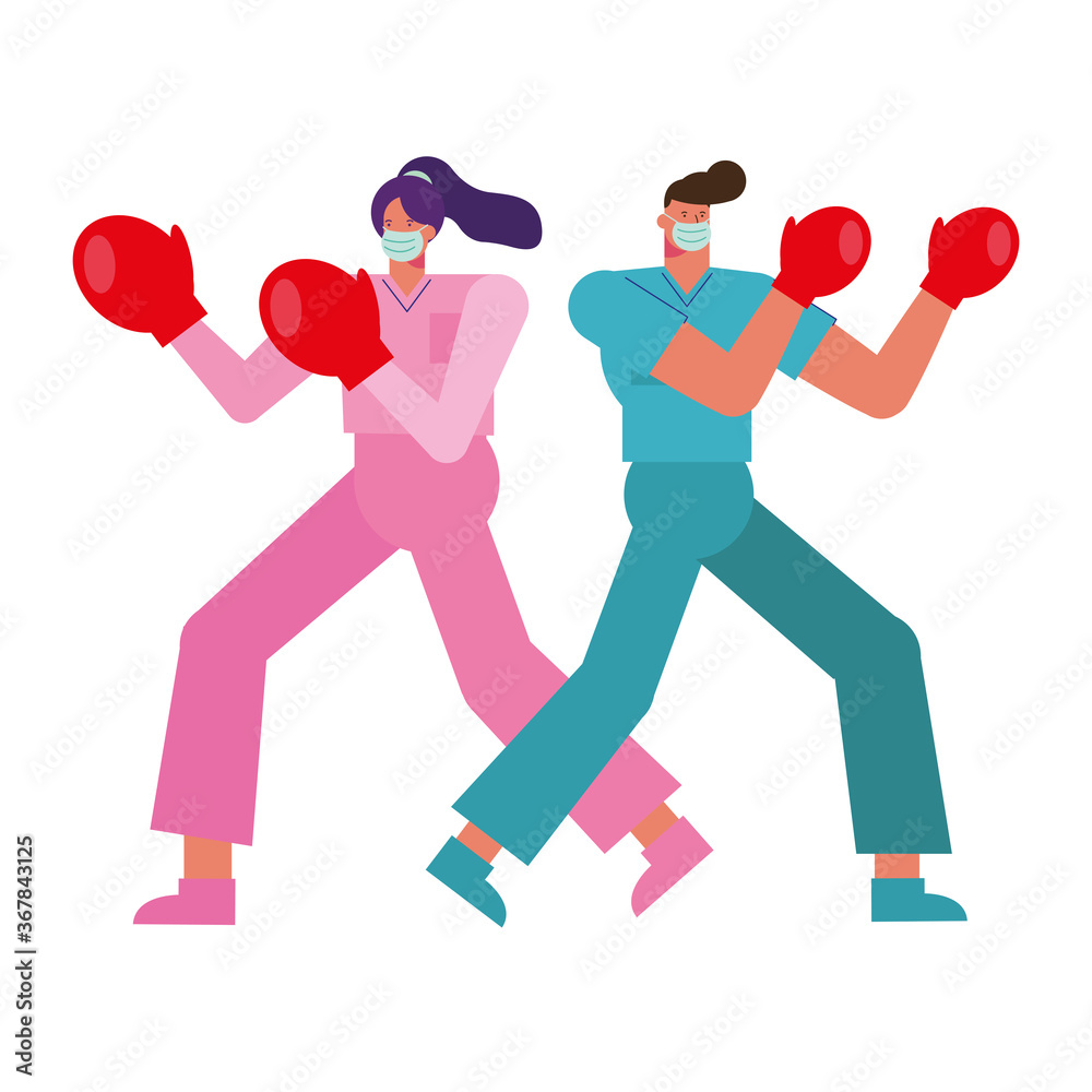 professional doctors couple wearing medical masks with boxing gloves
