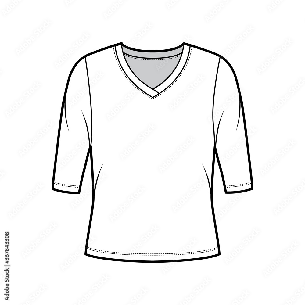 V-neck jersey sweater technical fashion illustration with elbow sleeves, oversized body. Flat outwear apparel template front, white color. Women, men unisex shirt top CAD mockup V-neck jersey sweater technical fashion illustration with elbow sleeves, oversized body. Flat outwear apparel template front, white color. Women, men unisex shirt top CAD mockup