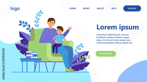 Son sitting on father knees and listening story. Armchair, book, dad flat vector illustration. Family and childhood concept for banner, website design or landing web page
