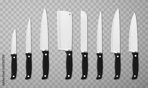 Knives assortment, variety realistic set. Bread, boning, butcher, carving, chef, cleaver, table tools.