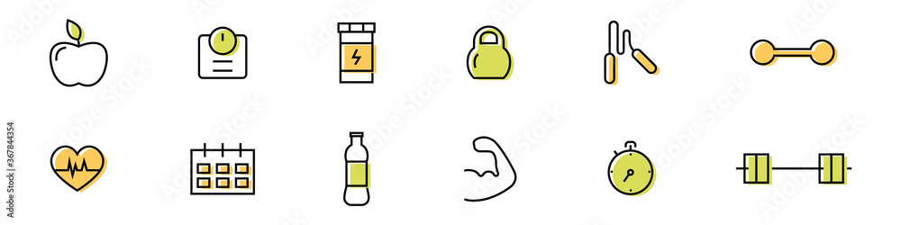 Obraz premium Set of stylish icons for gym, fitness and sport lifestyle. Health care concept. Vector illustration 