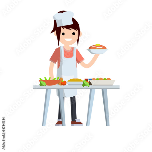 Woman cook holding platter of food. Table with trays of fruit and vegetables. Element of the kitchen. Flat cartoon. Work as chef in restaurant