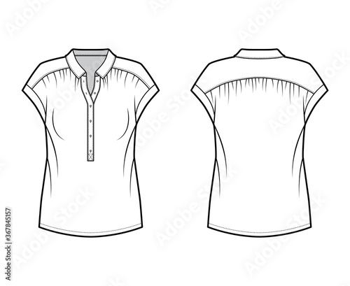 Henley top technical fashion illustration with loose silhouette, regular colar, sleeveless, gentle pleats. Flat blouse apparel template front, back white color. Women, men unisex shirt CAD mockup