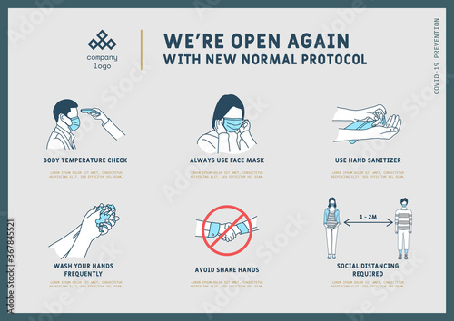 New normal pandemic protocol guide, Coronavirus Outbreak Tips template. Vector illustration