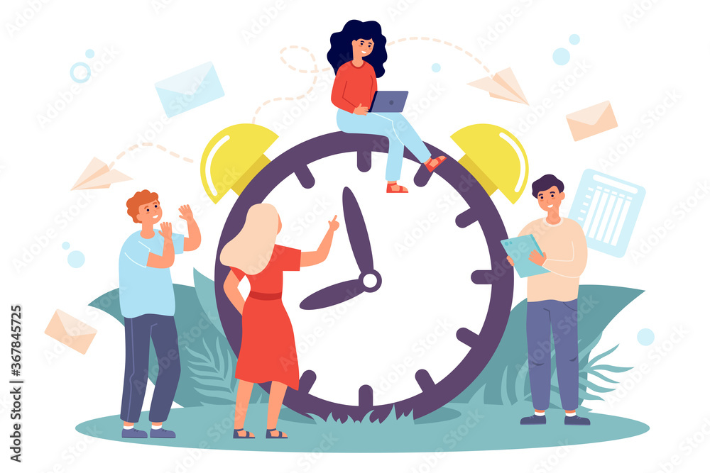 Tiny people sitting on huge clock isolated flat vector illustration. Cartoon multitasking men and women working at morning. Time management and business concept