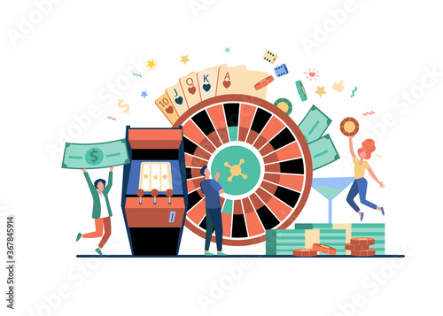 People playing poker and winning money. Gamblers with roulette, slot machine, and chips. Vector illustration for online casino, poker club, blackjack, gambling concepts
