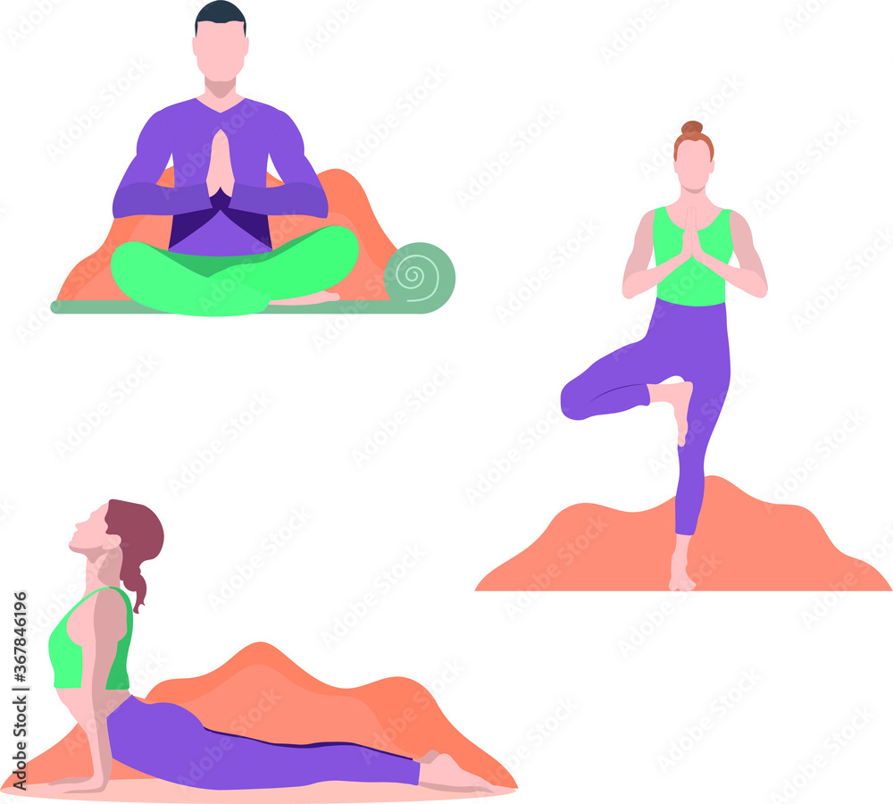 Flat yoga positions in shades of green and purple Flat yoga positions in shades of green and purple