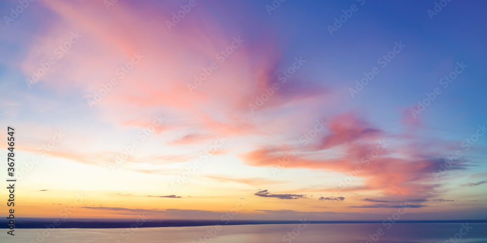 Dramatic colorful sunset over Volga river HDR panoramic view