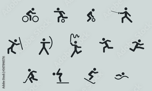 vector icon set of sports, cycling, football, basketball, fencing, archery, gymnastics rhythmic, athletics, hockey, diving, skiing and swimming