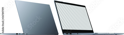 Set of vector laptops with blank transparent screen isolated on transparent background. Perspective front and back view.