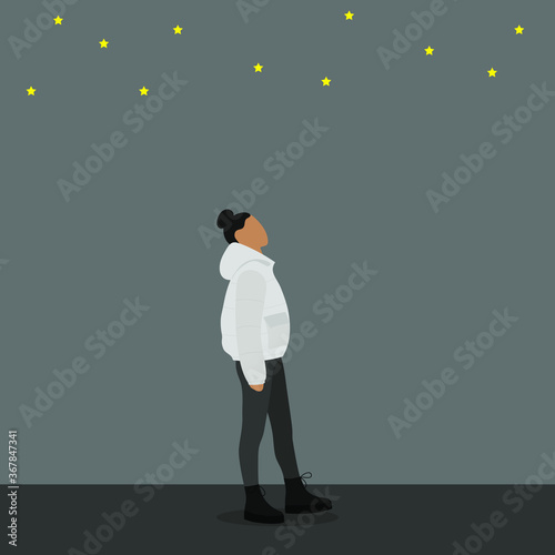 Female character looks at the starry sky