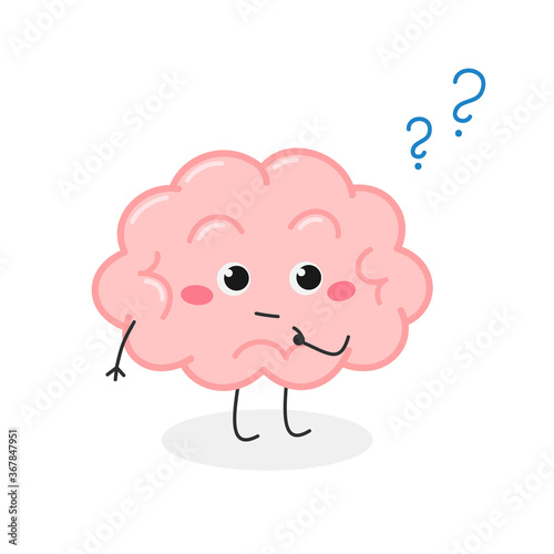 Cute brain cartoon character with question mark