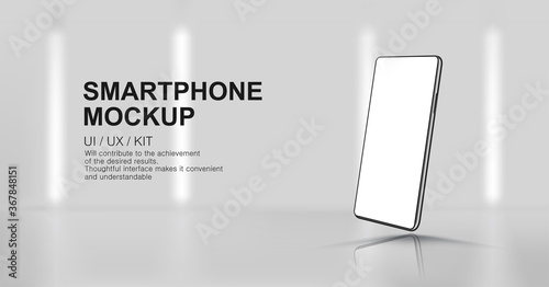 Mockup mobile phone in rotated position on modern empty studio background with lamps and glow effect. 3D Smartphone mock up with blank screen. Template for presentation. Vector illustration