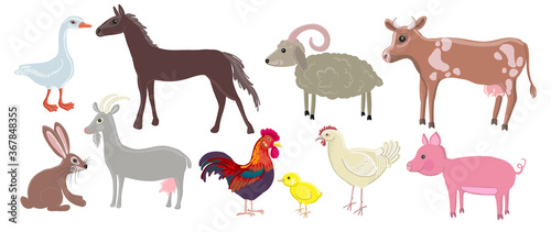 Set of farm animals in cartoon style - cow  sheep  horse  goose  goat  pig  rabbit  rooster  chicken and chick. Drawing isolated on a white background. Stock vector illustration.