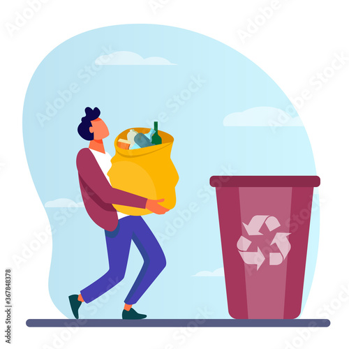 Young guy carrying bag with garbage to trash bin. Container, rubbish, junk flat vector illustration. Ecology and recycling concept for banner, website design or landing web page