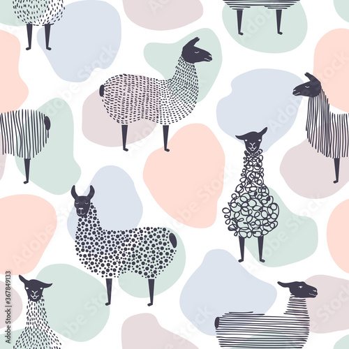 Seamless patterns of cute llama or alpaca.Hand-drawn vector illustration.Contemporary modern trendy.Abstract backgrounds.