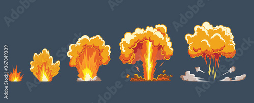 Cartoon explosion effect with smoke. Comic boom effect, explode flash, bomb comic, vector illustration. Frame sprite. Animation frames for game