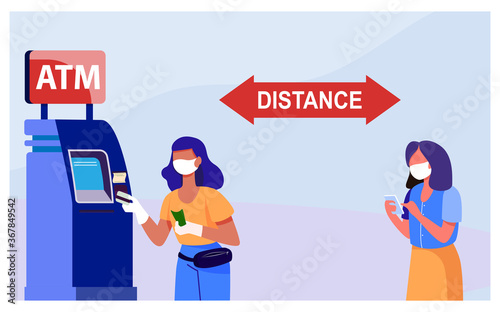 Women using ATM and keeping distance. Money, quarantine, mask flat vector illustration. Finance and pandemic concept for banner, website design or landing web page