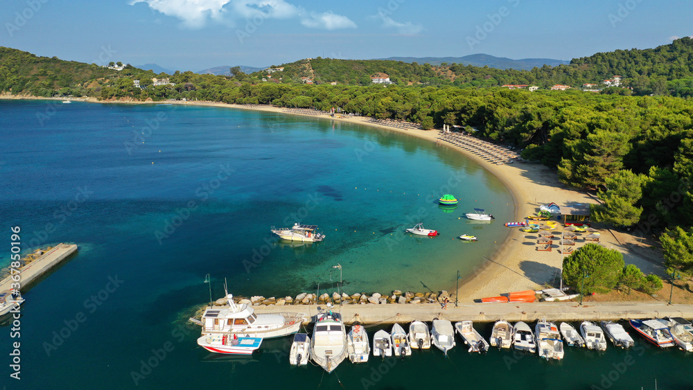 Naklejka premium Aerial bird's eye view photo taken by drone of tropical seascape and sandy beach with turquoise clear sea and pine tree forest