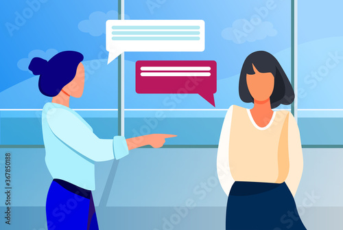 Woman pointing to girl and talking with her. Hand, forefinger, speech bubble flat vector illustration. Communication and conversation concept for banner, website design or landing web page