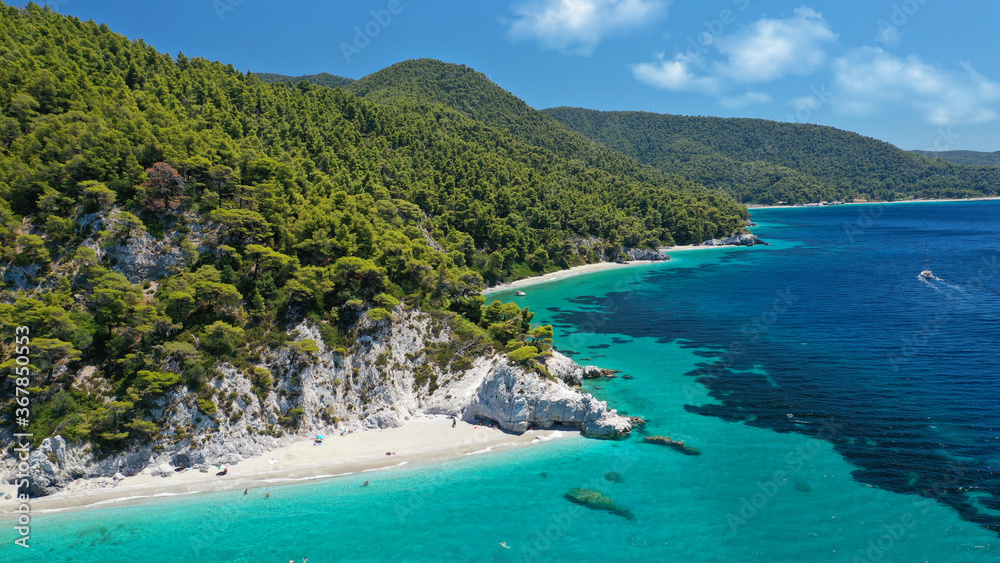 Aerial bird's eye view photo taken by drone of tropical seascape and sandy beach with turquoise clear sea and pine tree forest Aerial bird's eye view photo taken by drone of tropical seascape and sandy beach with turquoise clear sea and pine tree forest