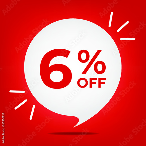 6% off. Banner with six percent discount. White bubble on a red background vector.
