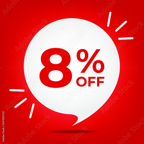 8% off. Banner with eight percent discount. White bubble on a red background vector.