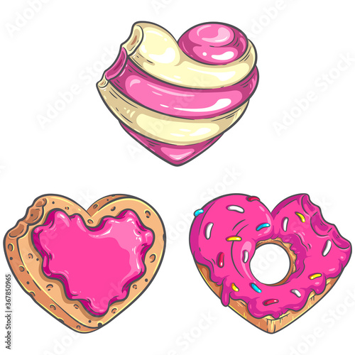 Set of heart shaped bitten candy, donut and cooky. Sweet hearts vector illustrations for your Valentine’s Day, food festival and other party designs.